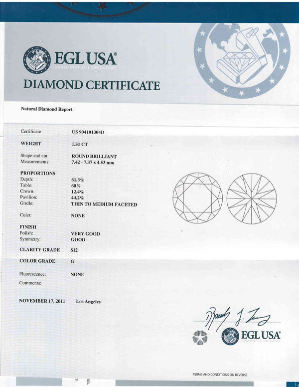 Round cut Diamond online price certification 1.51ct