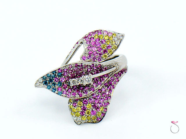 Pink Sapphire & Multi Color Diamond Designer Floral Ring in 18K White Gold By Assor Gioielli