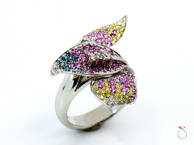 Pink Sapphire & Multi Color Diamond Designer Floral Ring in 18K White Gold By Assor Gioielli