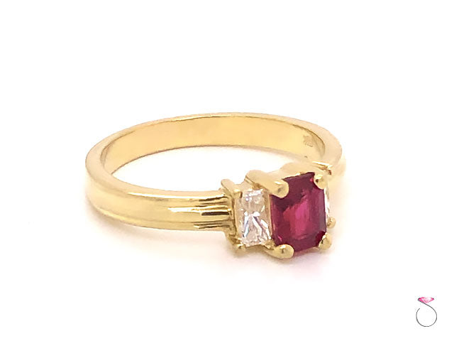Ruby & Diamond Three Stone Ring in 18K Yellow Gold
