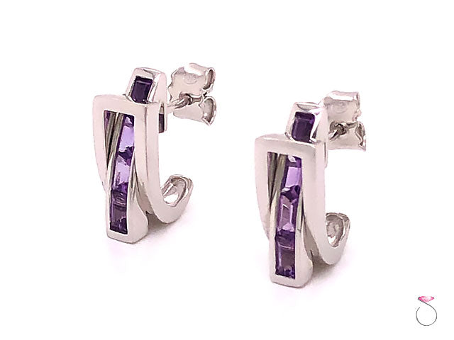 White Gold Diamond Earrings,Guy Laroche Amethyst Designer 18K Huggie Earrings