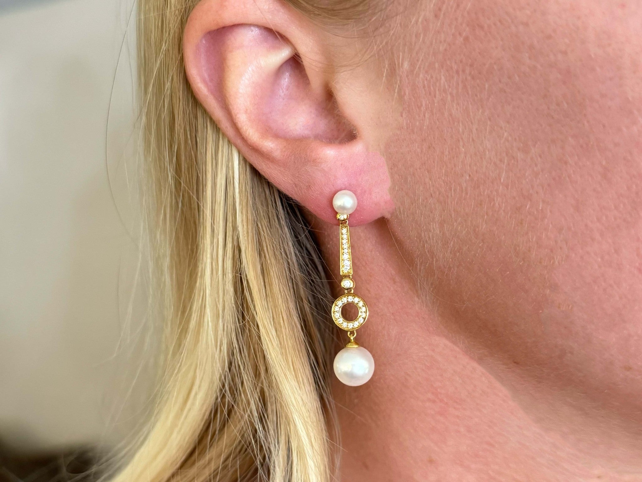 Dangly Pearl and Diamond Drop Earrings 18K Yellow Gold
