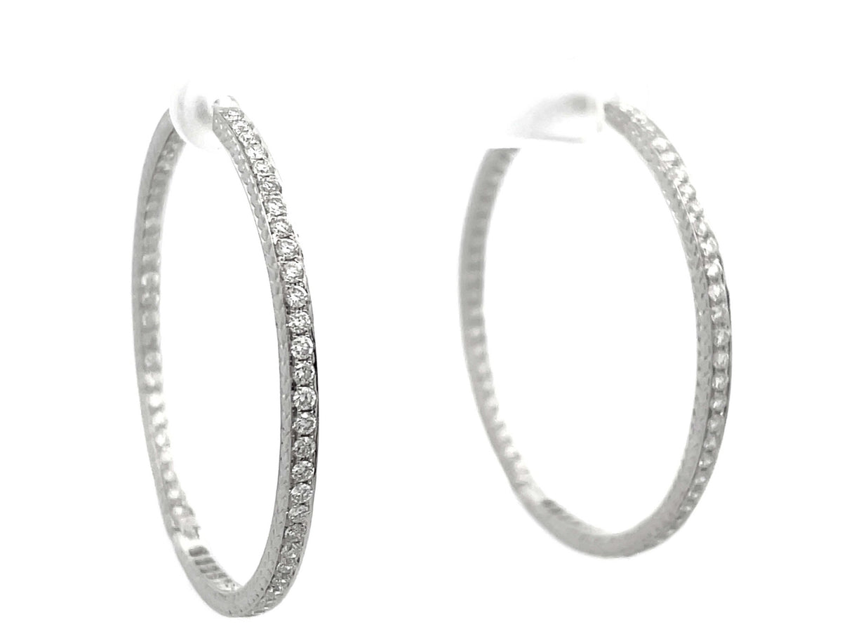 Inside Out Hand Engraved Large Diamond Hoop Earrings in 18k White Gold