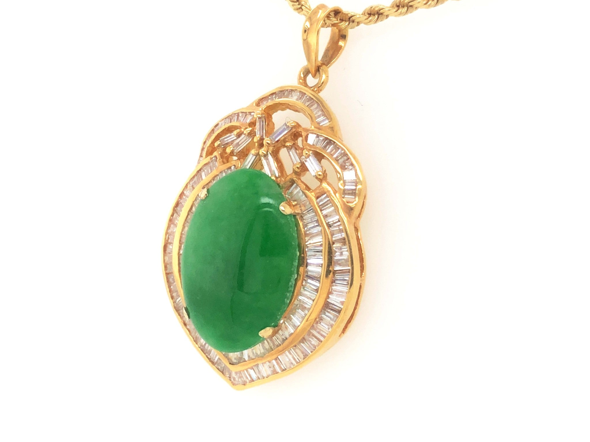 GIA Vintage Cabochon Mottled Green Translucent Jadeite Jade and Diamond Pendant