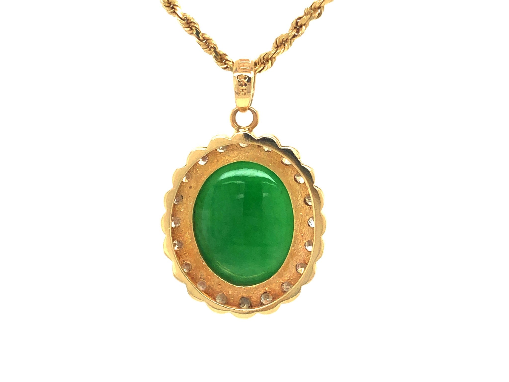 GIA Vintage Oval Cabochon Green Translucent Jadeite Jade and Diamond Pendant