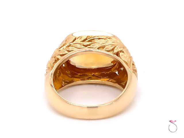 Citrine Cushion Cut Designer Ring with Leaf Motif