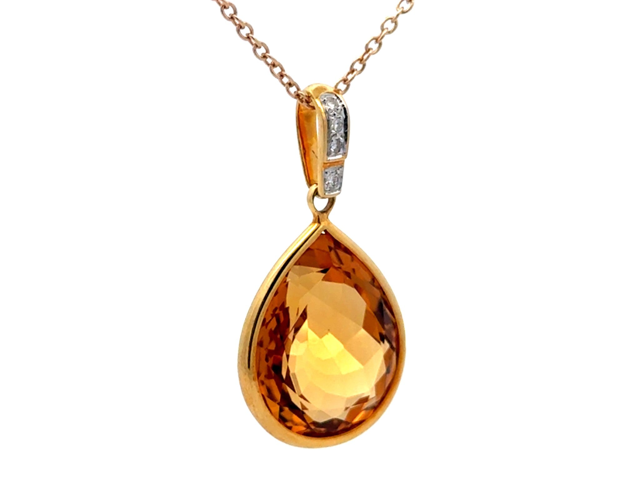 Large Pear Shaped Citrine Gemstone and Diamond Bail Necklace 14k Yellow Gold