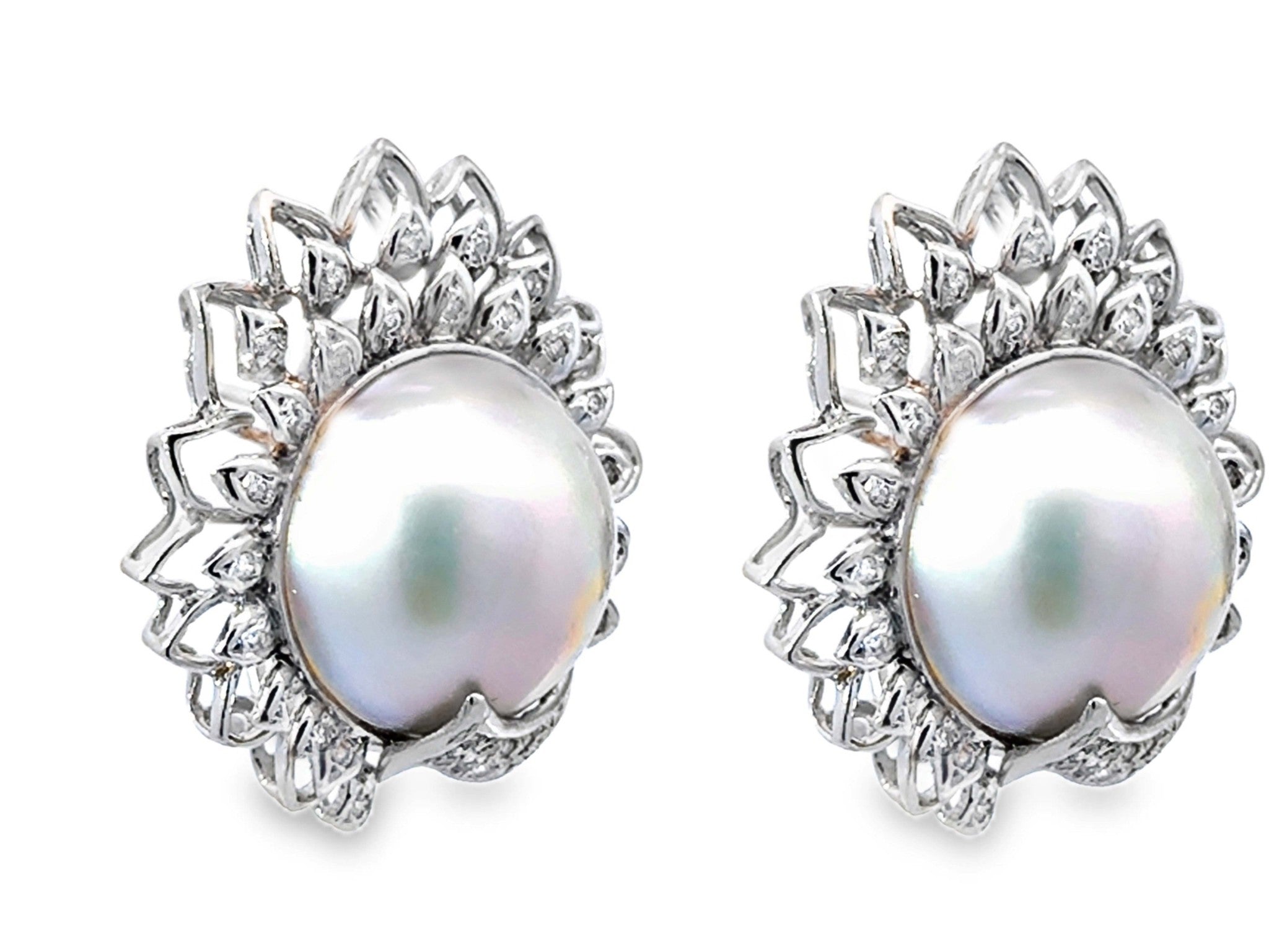 Large Mabe Pearl and Diamond Earrings 14K White Gold