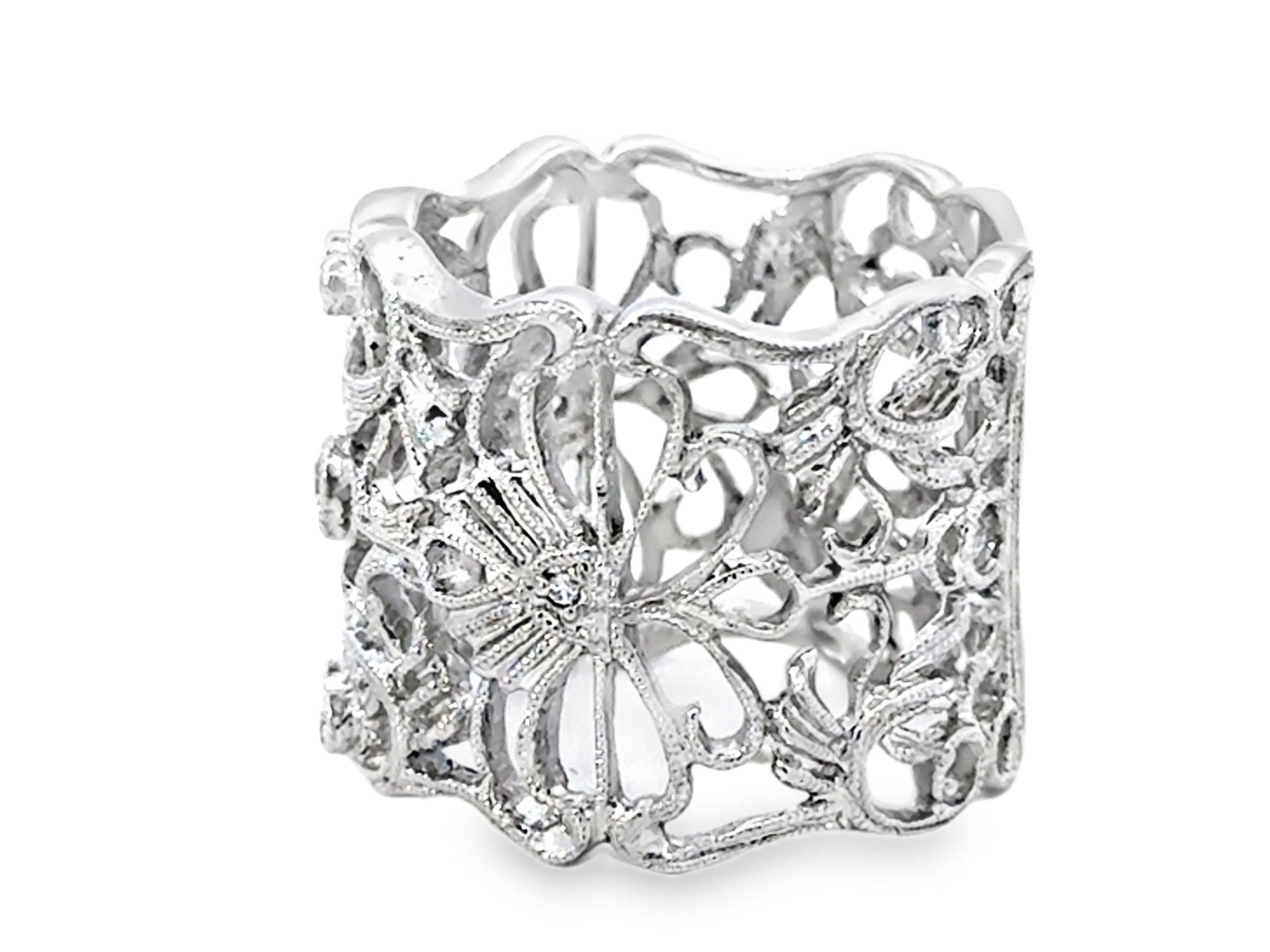Tall Open Work Floral Lace Diamond Ring 18k White Gold – SOLITAIRE JEWELERS