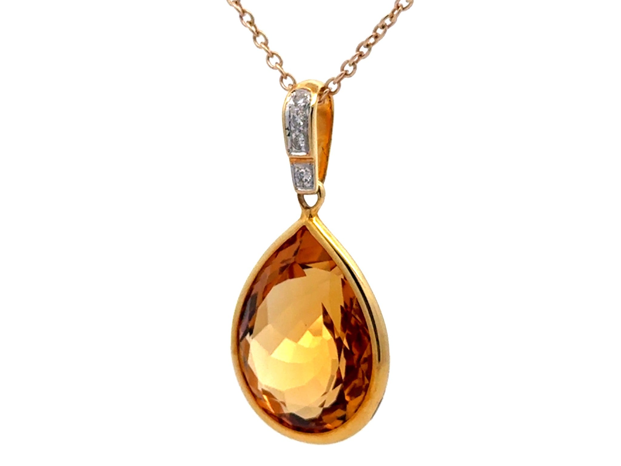 Large Pear Shaped Citrine Gemstone and Diamond Bail Necklace 14k Yellow Gold
