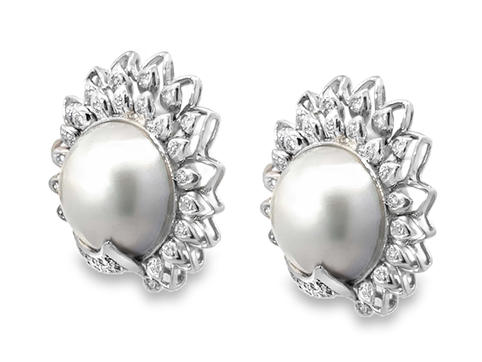 Large Mabe Pearl and Diamond Earrings 14K White Gold
