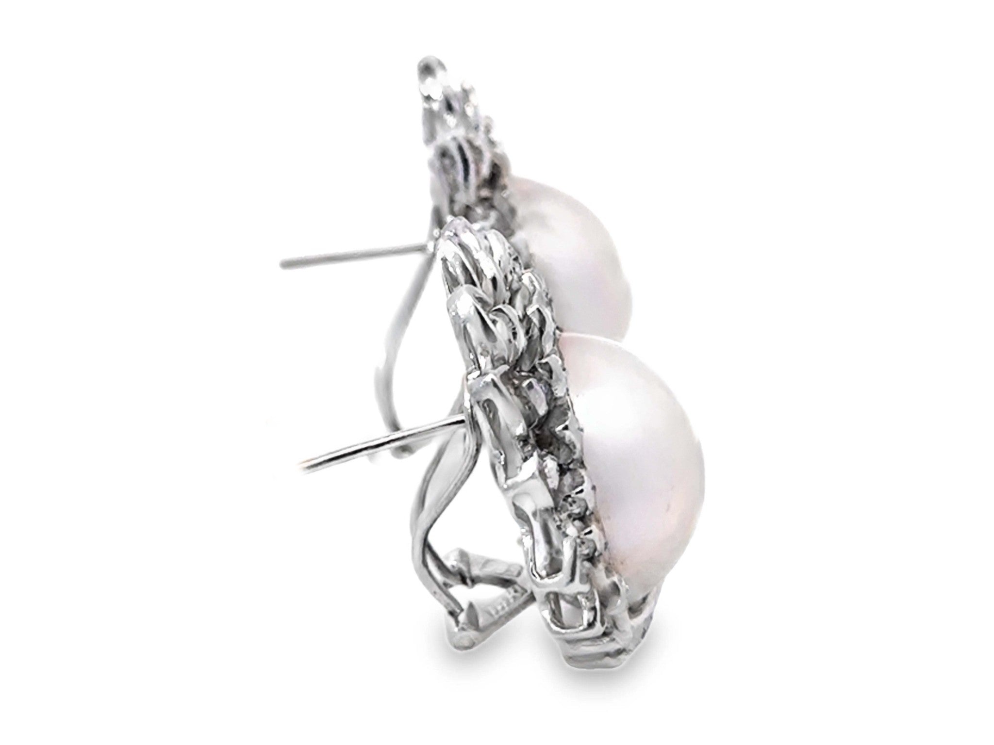 Large Mabe Pearl and Diamond Earrings 14K White Gold