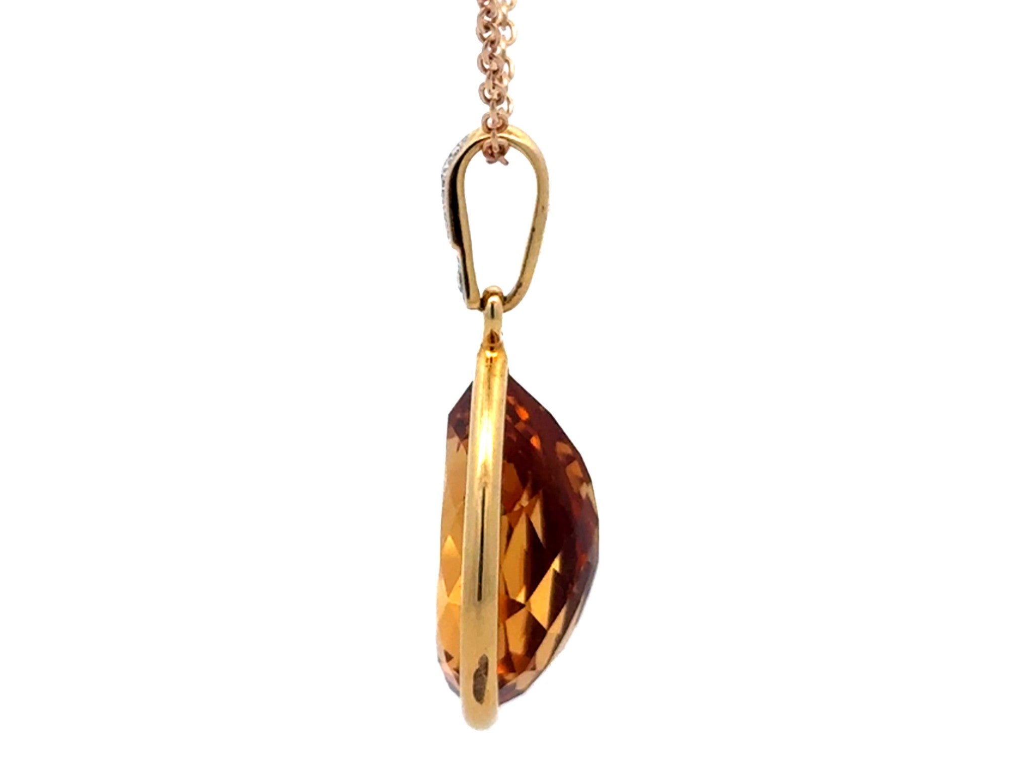 Large Pear Shaped Citrine Gemstone and Diamond Bail Necklace 14k Yellow Gold