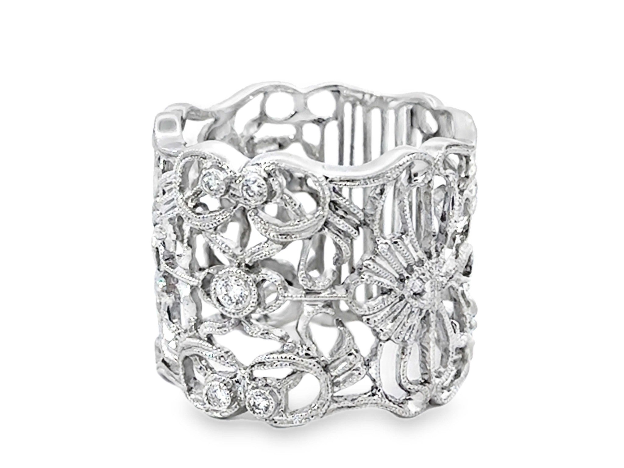 Tall Open Work Floral Lace Diamond Ring 18k White Gold – SOLITAIRE JEWELERS
