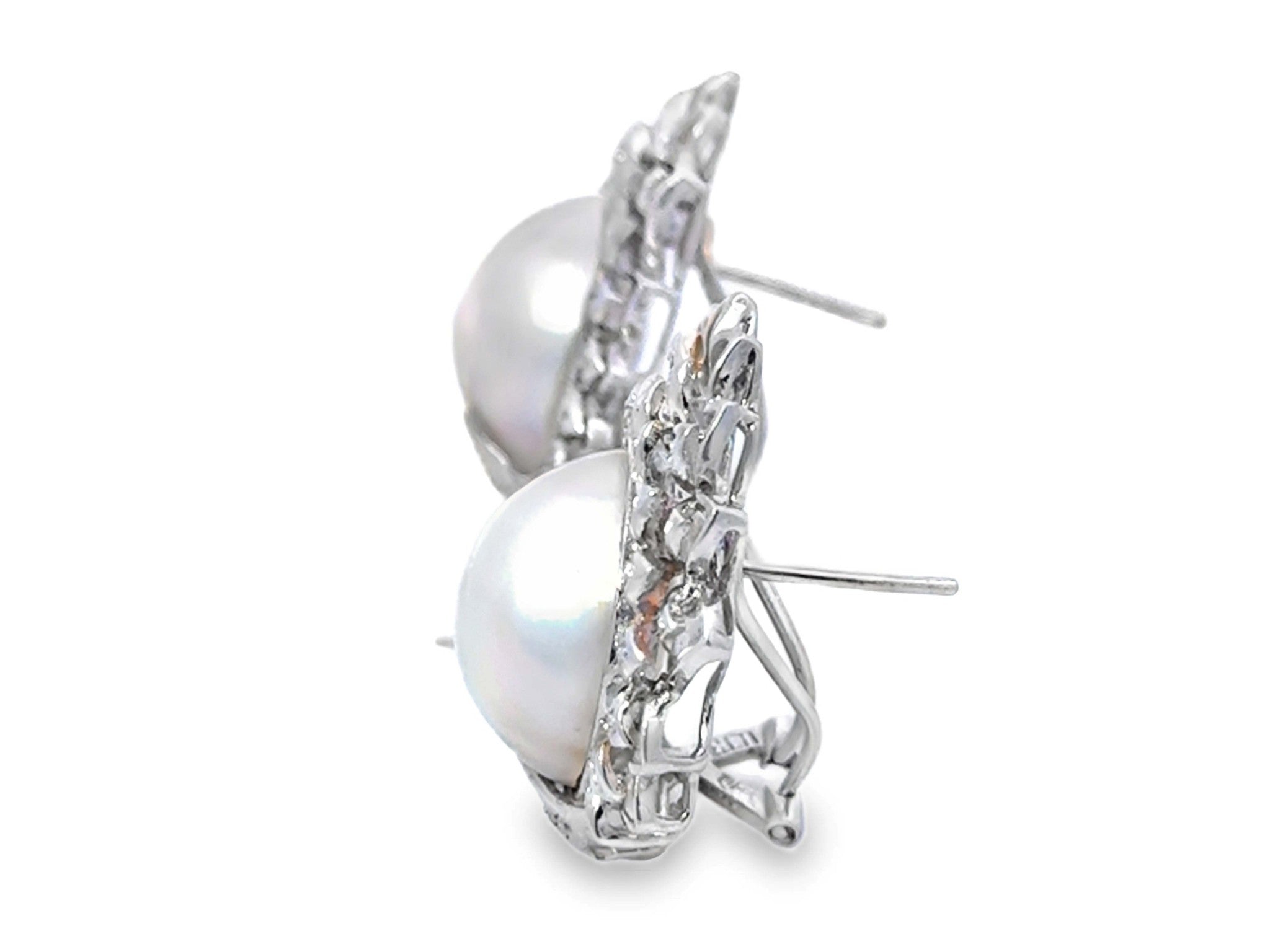 Large Mabe Pearl and Diamond Earrings 14K White Gold