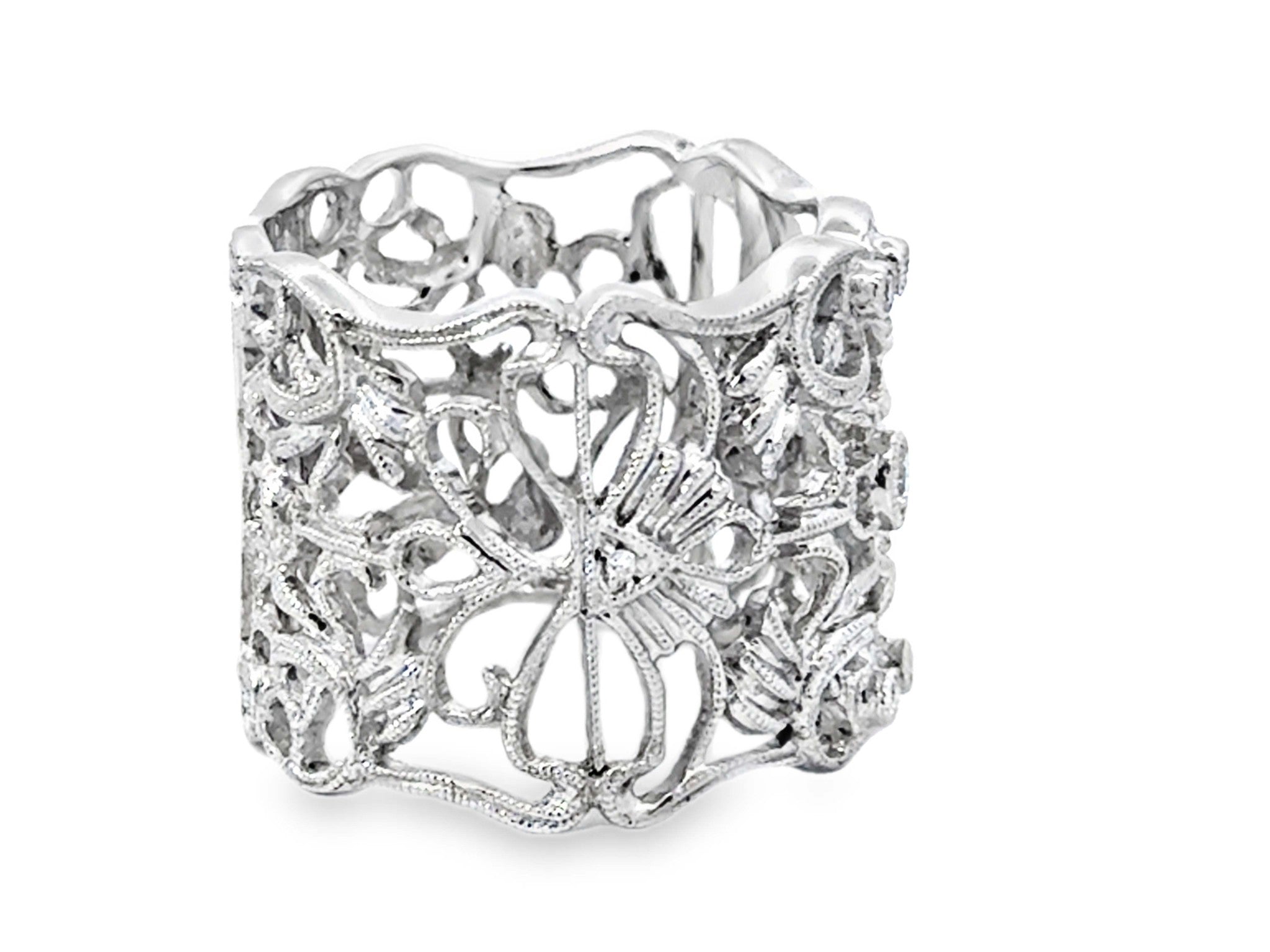 Tall Open Work Floral Lace Diamond Ring 18k White Gold – SOLITAIRE JEWELERS