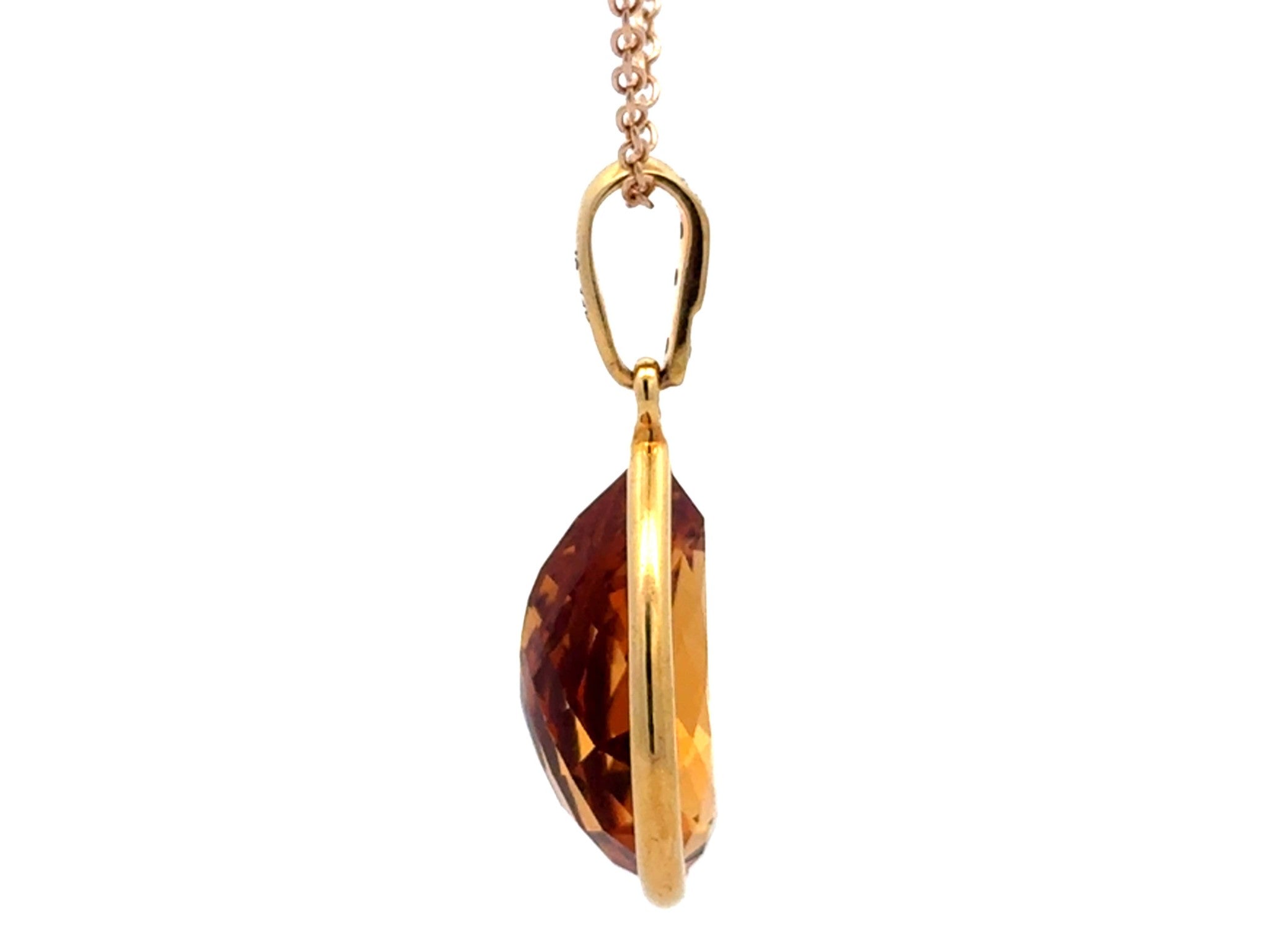 Large Pear Shaped Citrine Gemstone and Diamond Bail Necklace 14k Yellow Gold