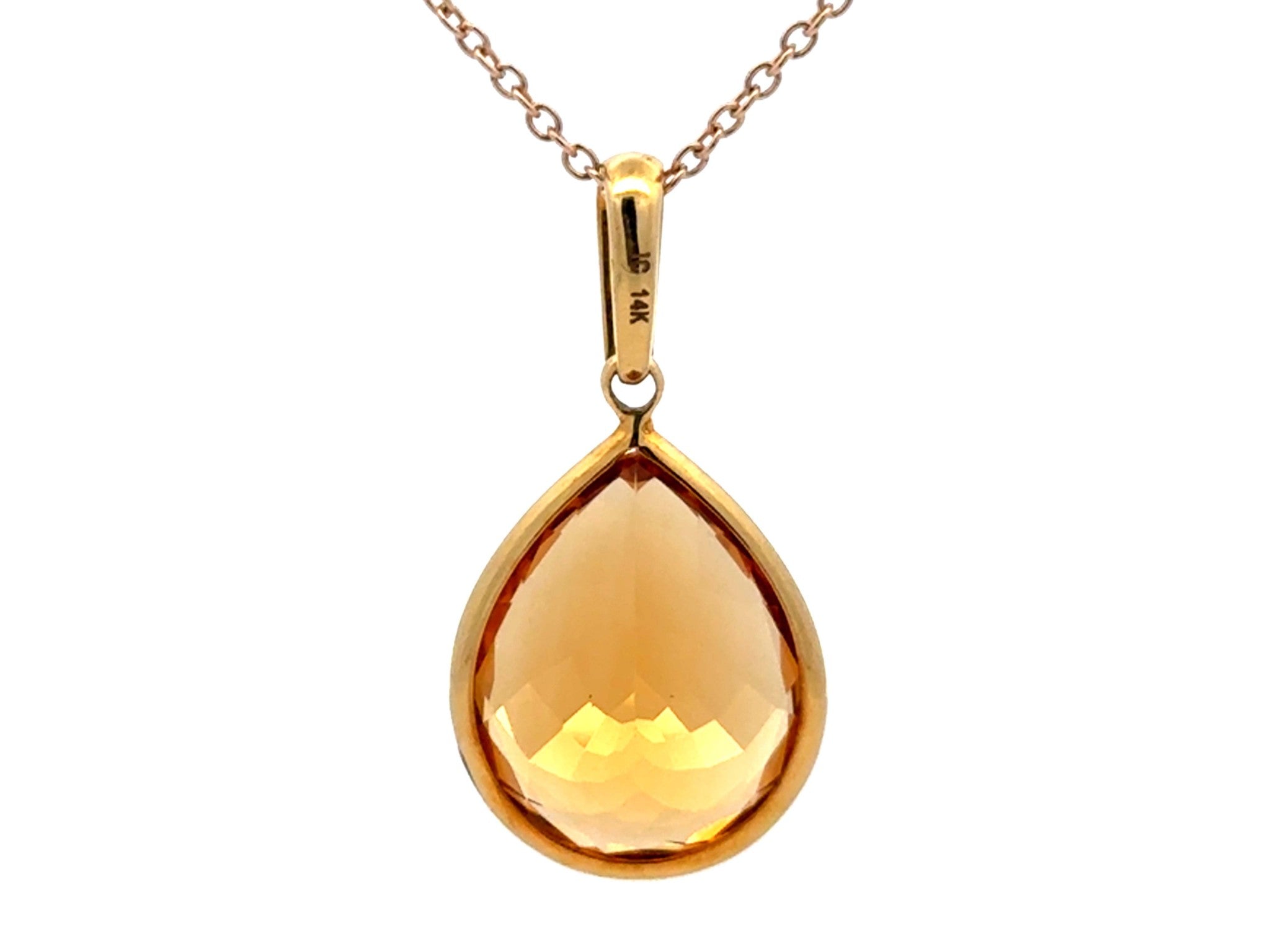 Large Pear Shaped Citrine Gemstone and Diamond Bail Necklace 14k Yellow Gold