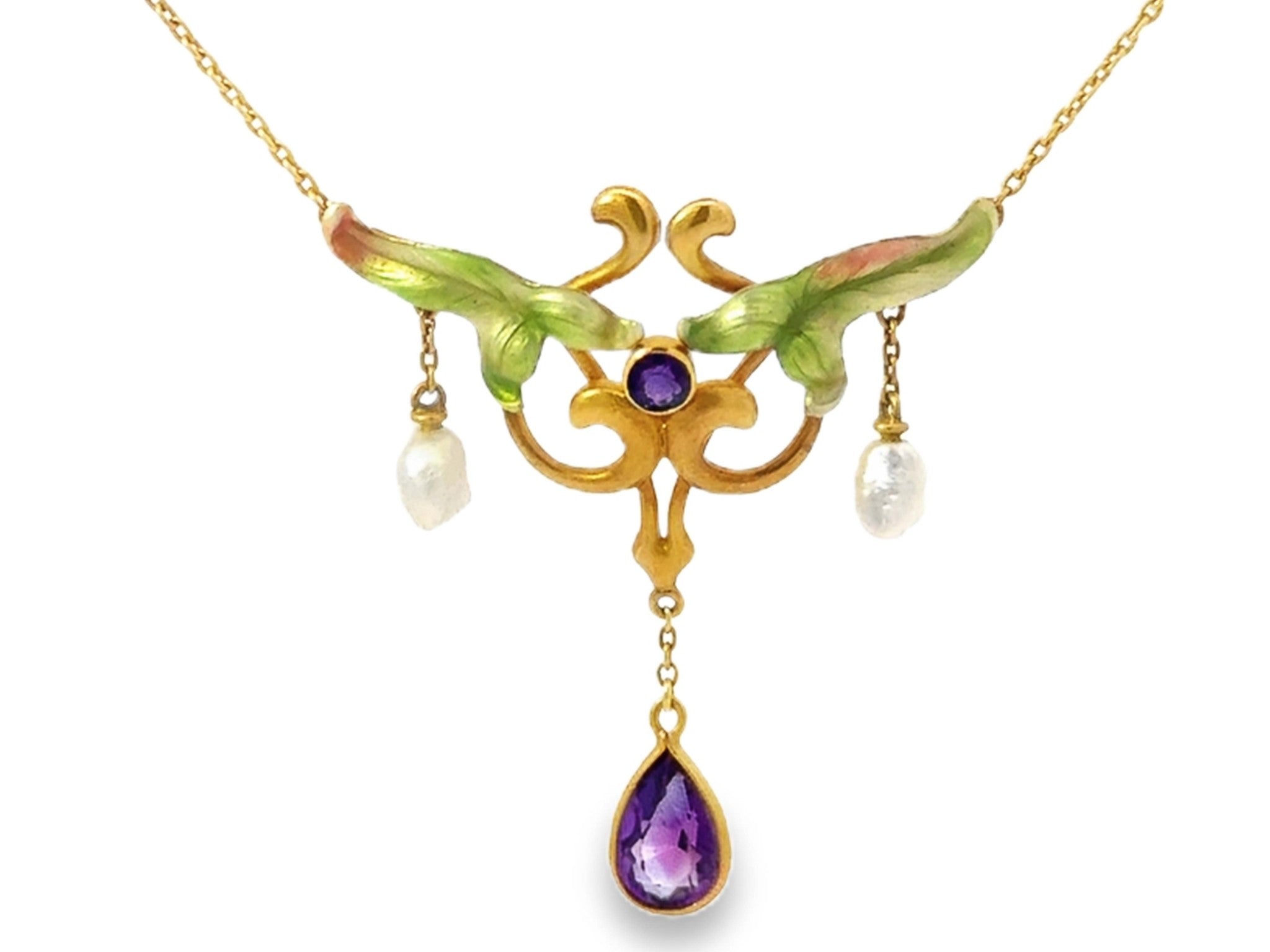 Art Nouveau Dangly Pearl and Amethyst Green Leaf Enamel Necklace 14k Yellow Gold