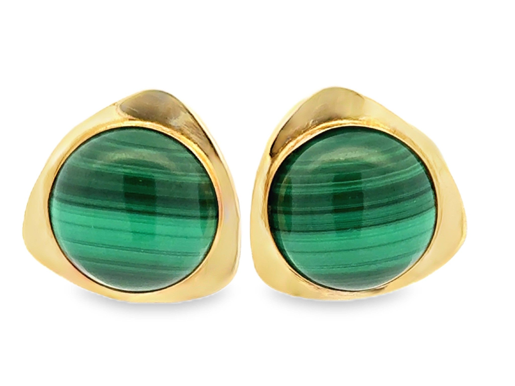 Round Green Malachite Gold Triangle Earrings 14K Yellow Gold