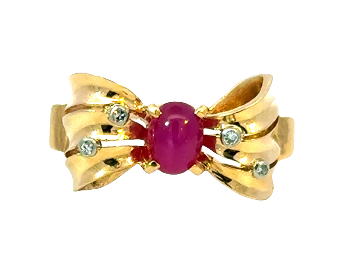 Oval Cabochon Red Ruby Diamond Bow Ring 18k Yellow Gold – SOLITAIRE ...