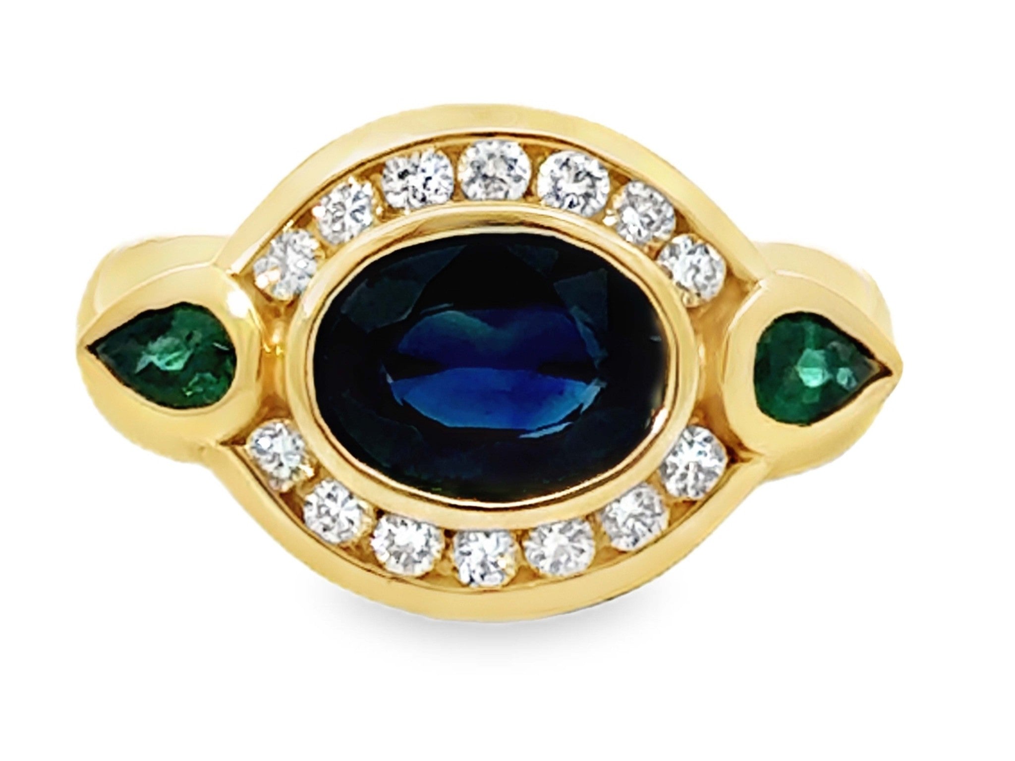 Oval Blue Sapphire Channel Set Diamond Halo Emerald Ring 14K