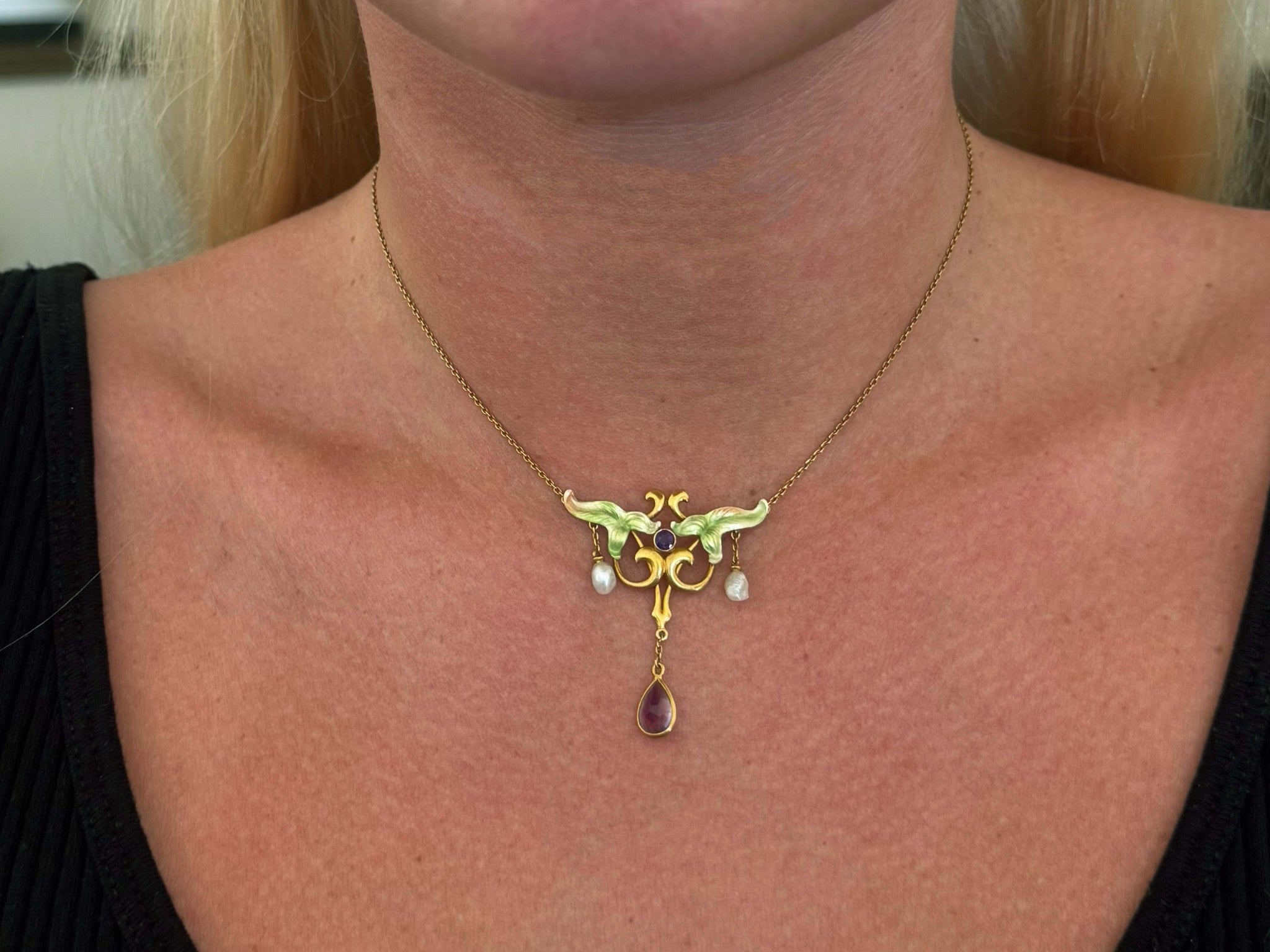 Art Nouveau Dangly Pearl and Amethyst Green Leaf Enamel Necklace 14k Yellow Gold