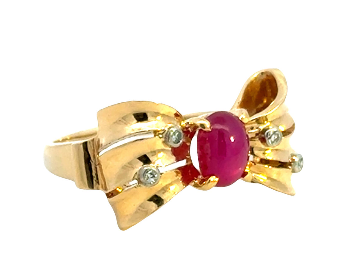 Oval Cabochon Red Ruby Diamond Bow Ring 18k Yellow Gold – SOLITAIRE ...
