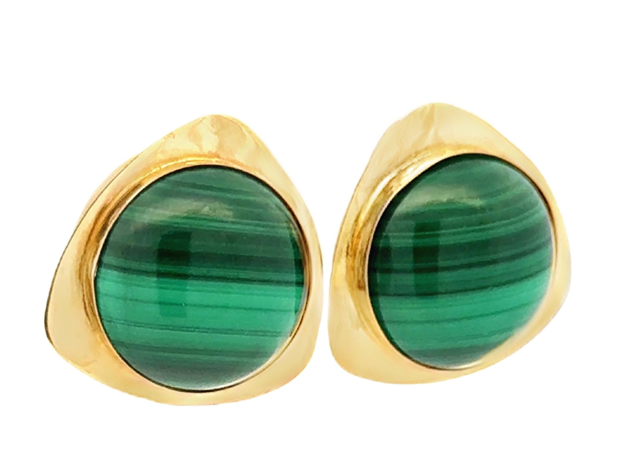 Round Green Malachite Gold Triangle Earrings 14K Yellow Gold