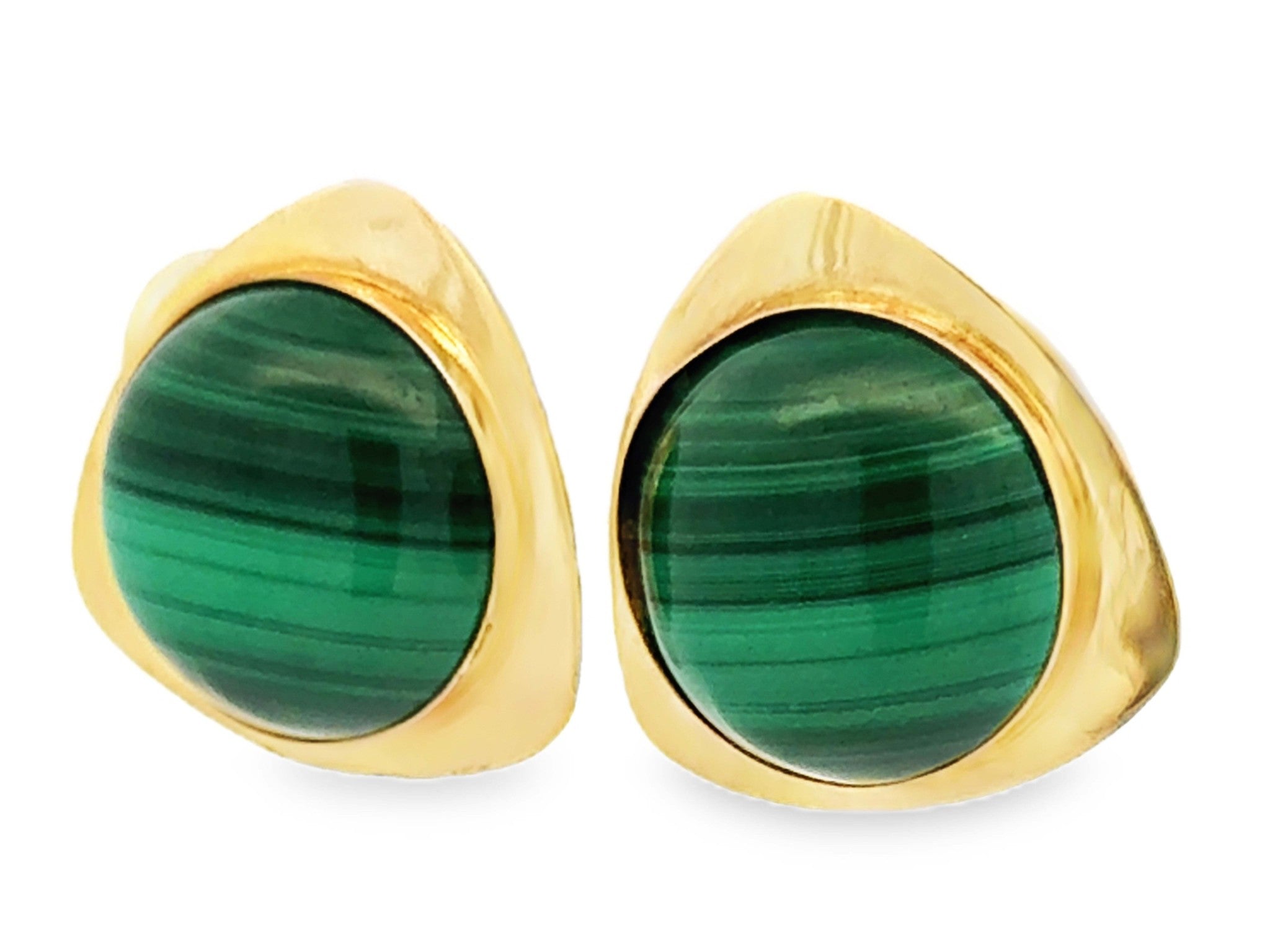 Round Green Malachite Gold Triangle Earrings 14K Yellow Gold