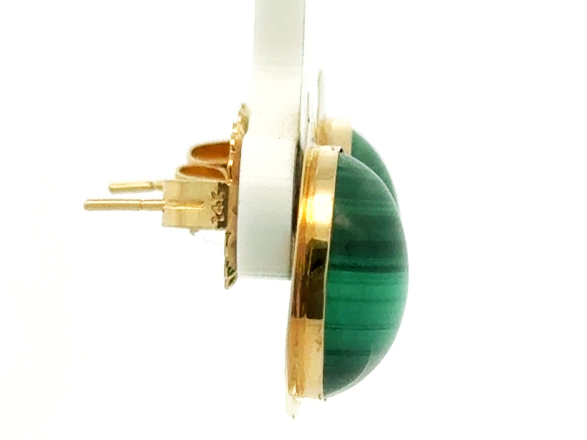 Round Green Malachite Gold Triangle Earrings 14K Yellow Gold