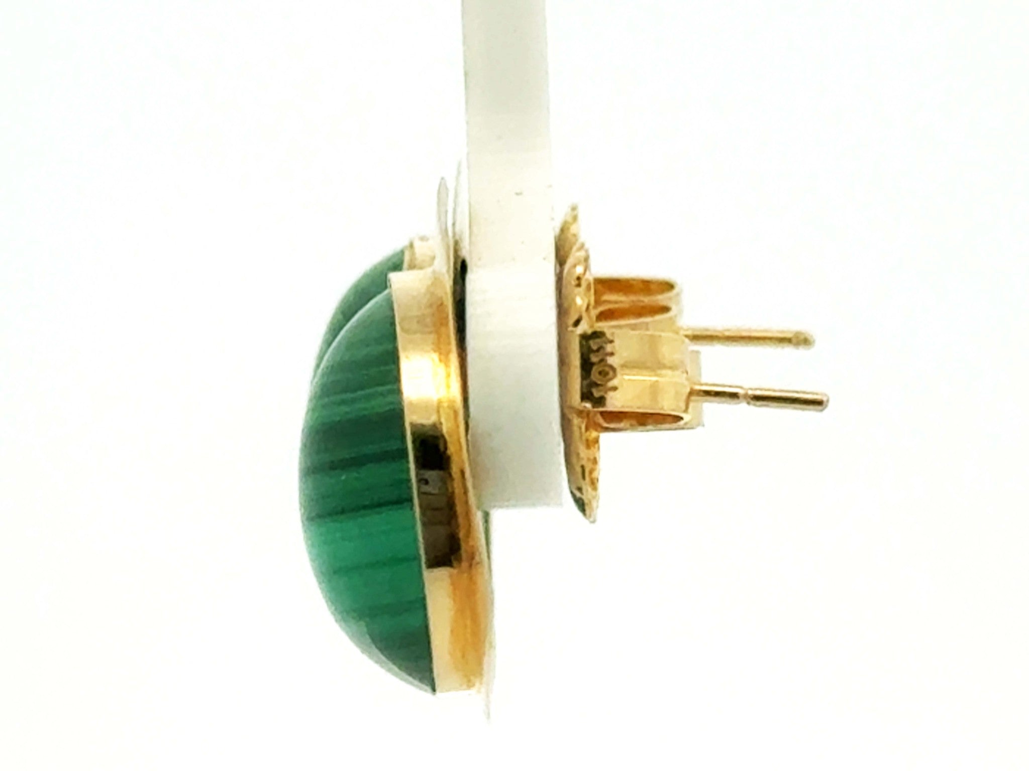 Round Green Malachite Gold Triangle Earrings 14K Yellow Gold