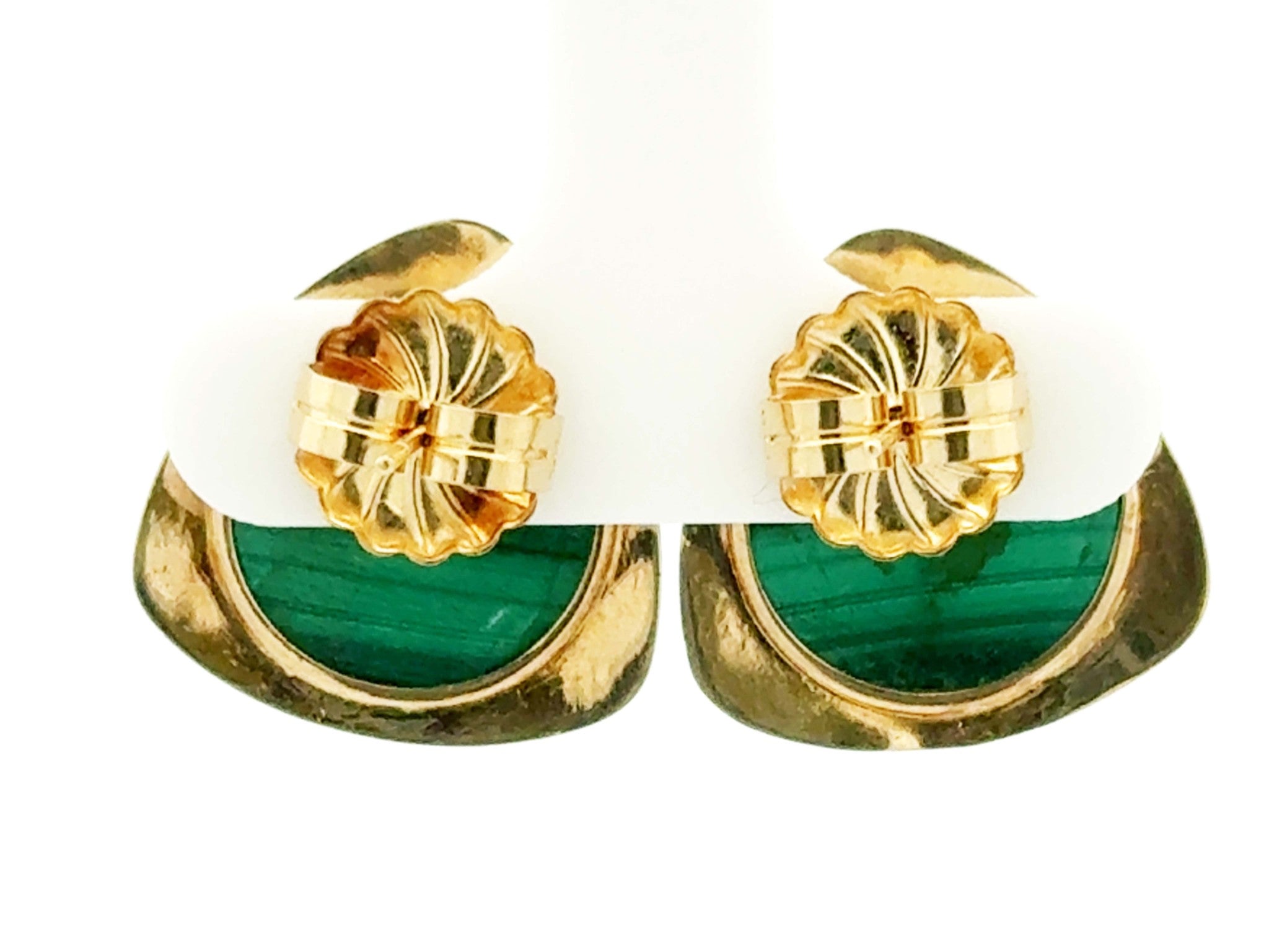 Round Green Malachite Gold Triangle Earrings 14K Yellow Gold