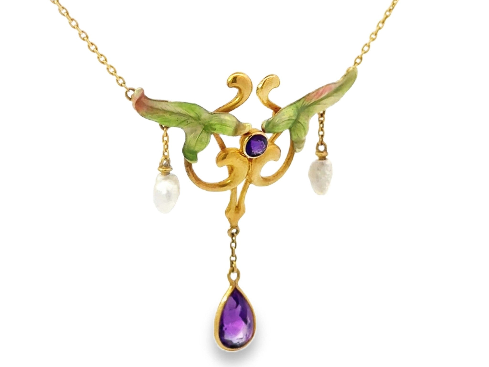 Art Nouveau Dangly Pearl and Amethyst Green Leaf Enamel Necklace 14k Yellow Gold