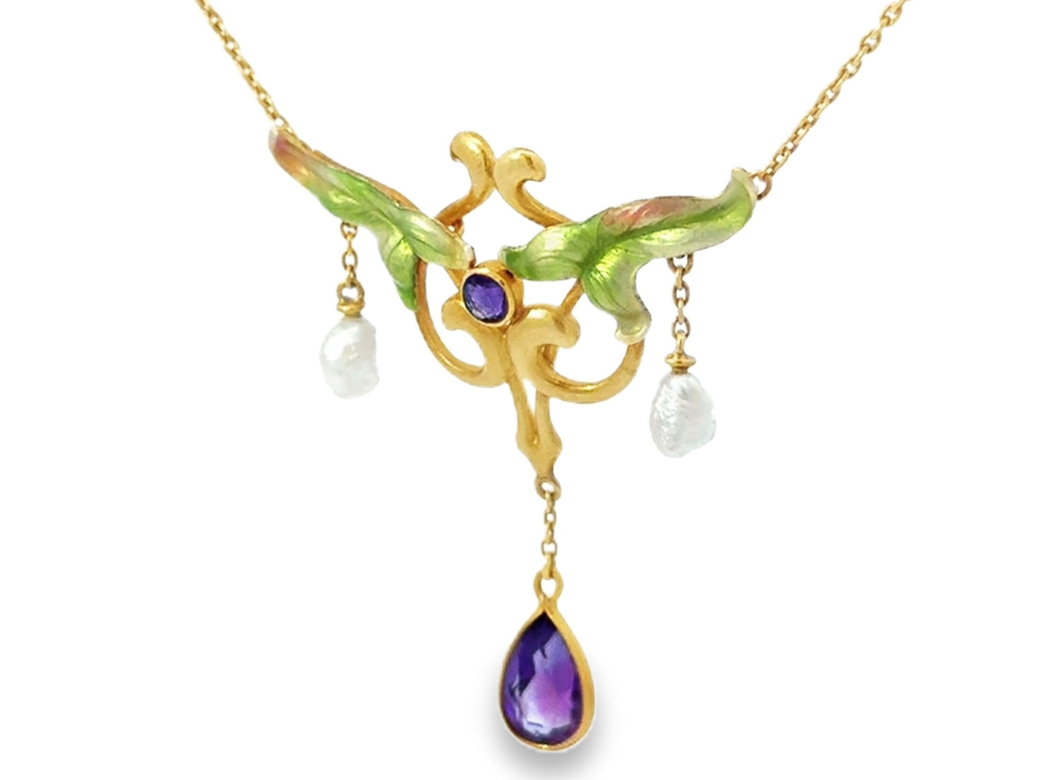 Art Nouveau Dangly Pearl and Amethyst Green Leaf Enamel Necklace 14k Yellow Gold