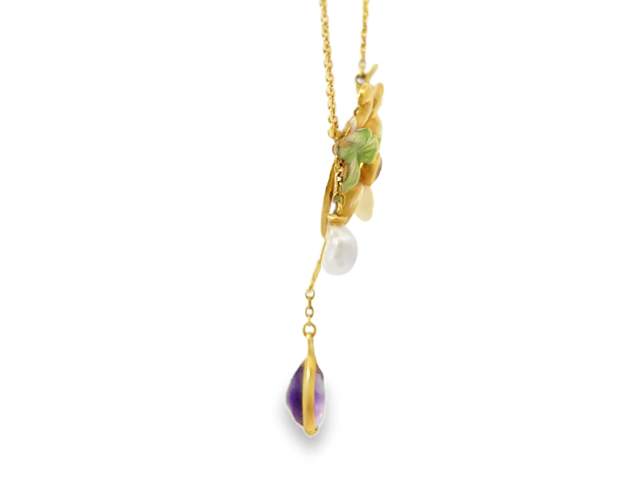 Art Nouveau Dangly Pearl and Amethyst Green Leaf Enamel Necklace 14k Yellow Gold