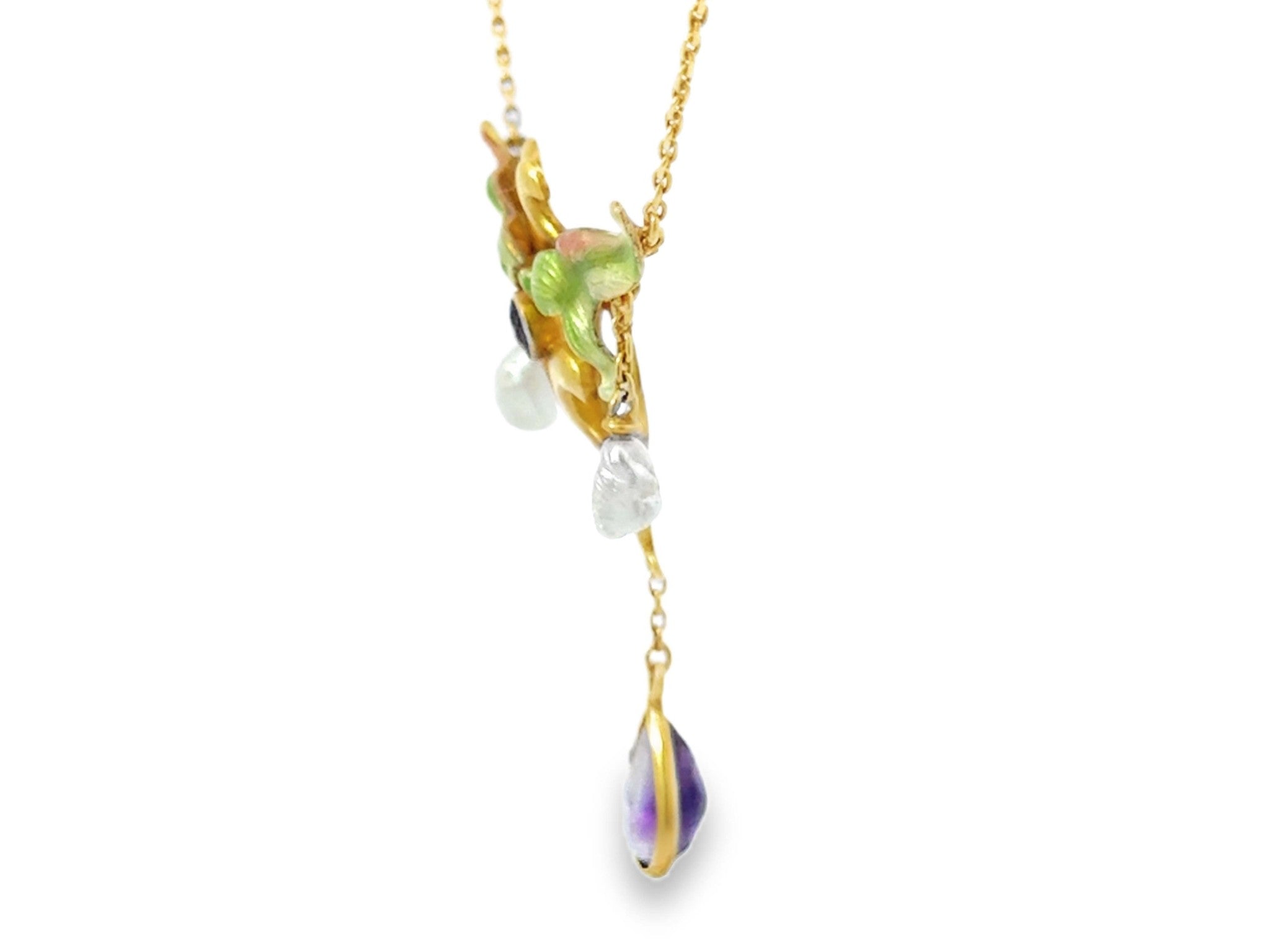 Art Nouveau Dangly Pearl and Amethyst Green Leaf Enamel Necklace 14k Yellow Gold
