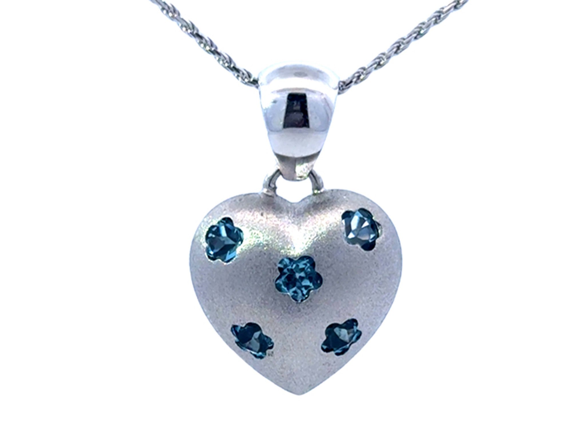 Blue Topaz Flower Studded 3D Heart Necklace 14k White Gold