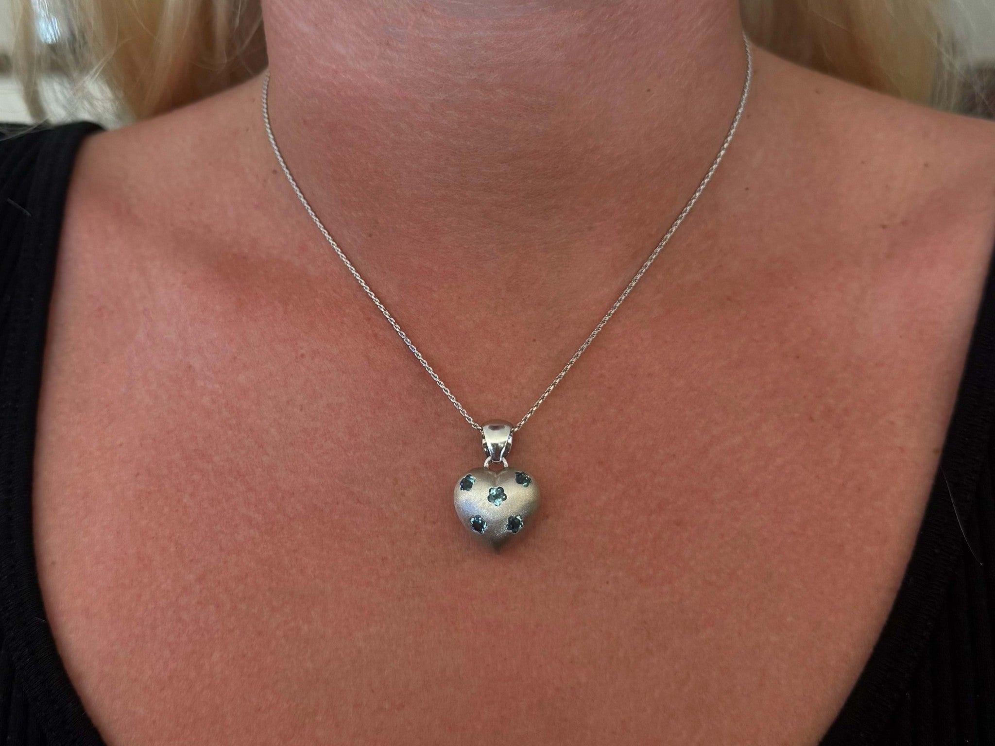 Blue Topaz Flower Studded 3D Heart Necklace 14k White Gold