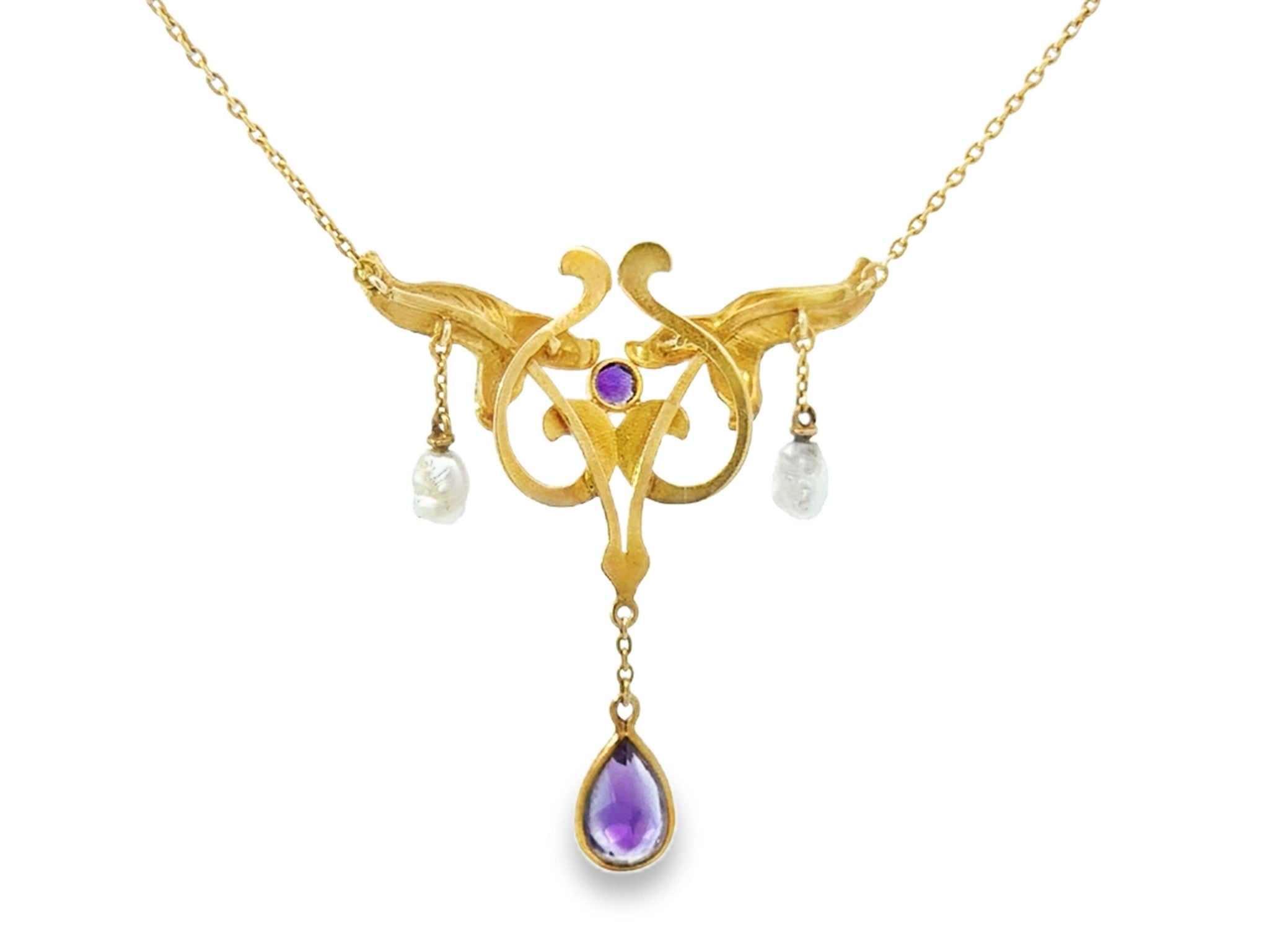 Art Nouveau Dangly Pearl and Amethyst Green Leaf Enamel Necklace 14k Yellow Gold