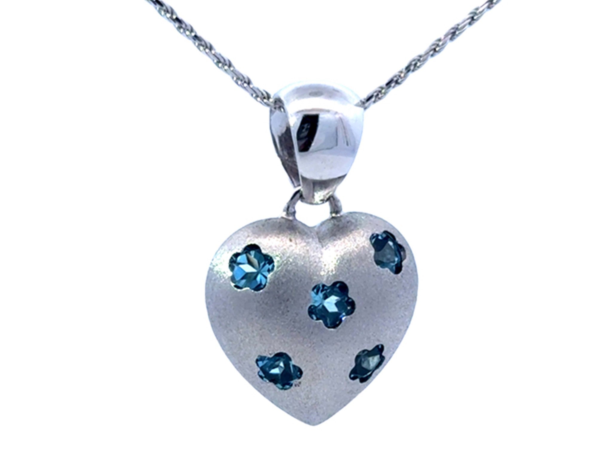Blue Topaz Flower Studded 3D Heart Necklace 14k White Gold
