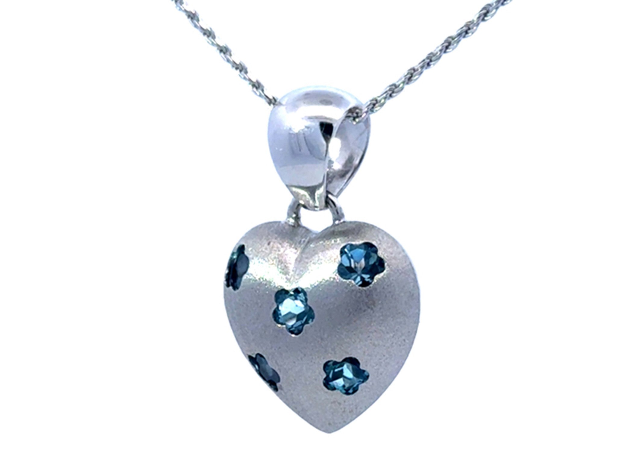Blue Topaz Flower Studded 3D Heart Necklace 14k White Gold