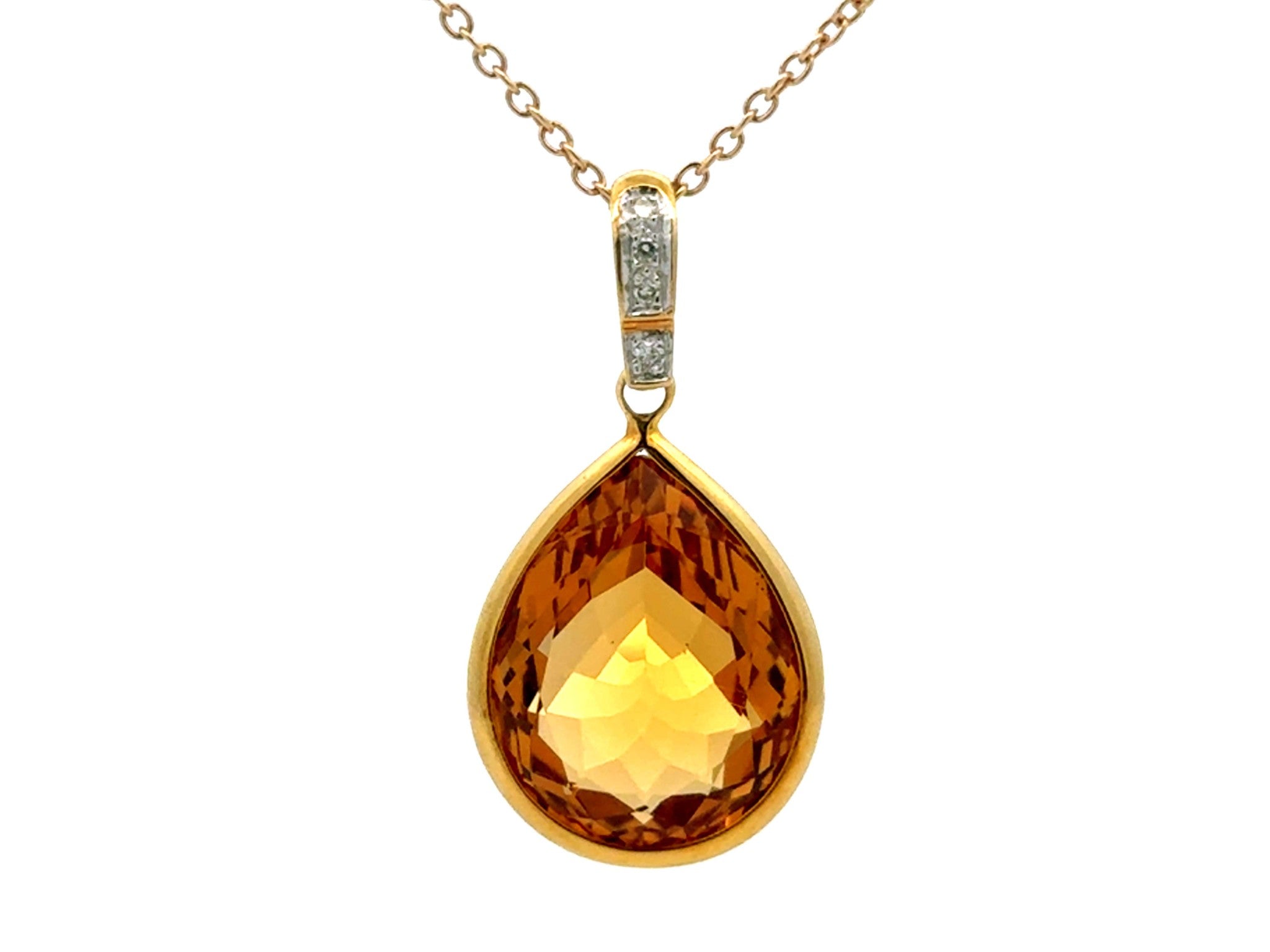Large Pear Shaped Citrine Gemstone and Diamond Bail Necklace 14k Yellow Gold