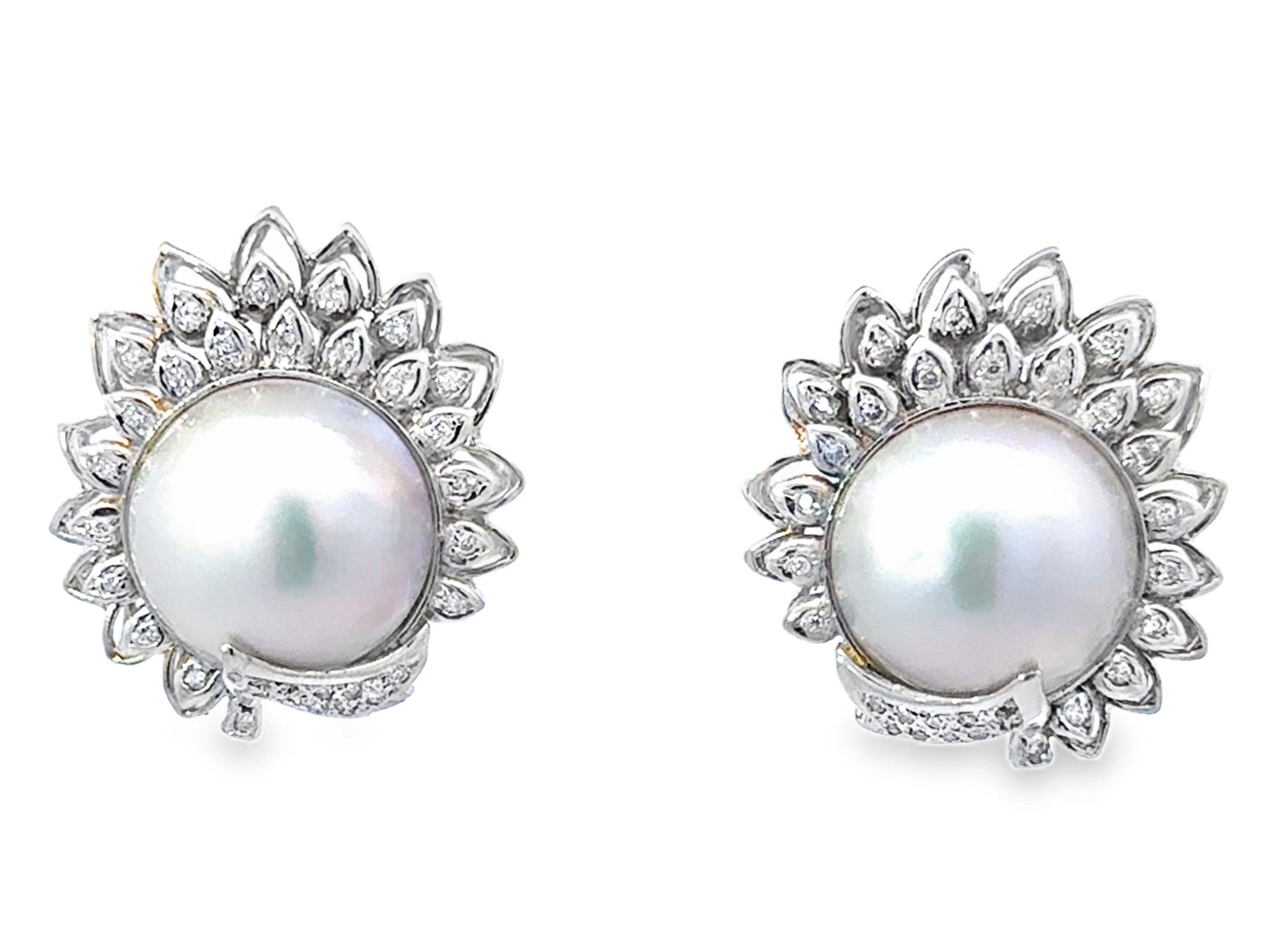 Large Mabe Pearl and Diamond Earrings 14K White Gold