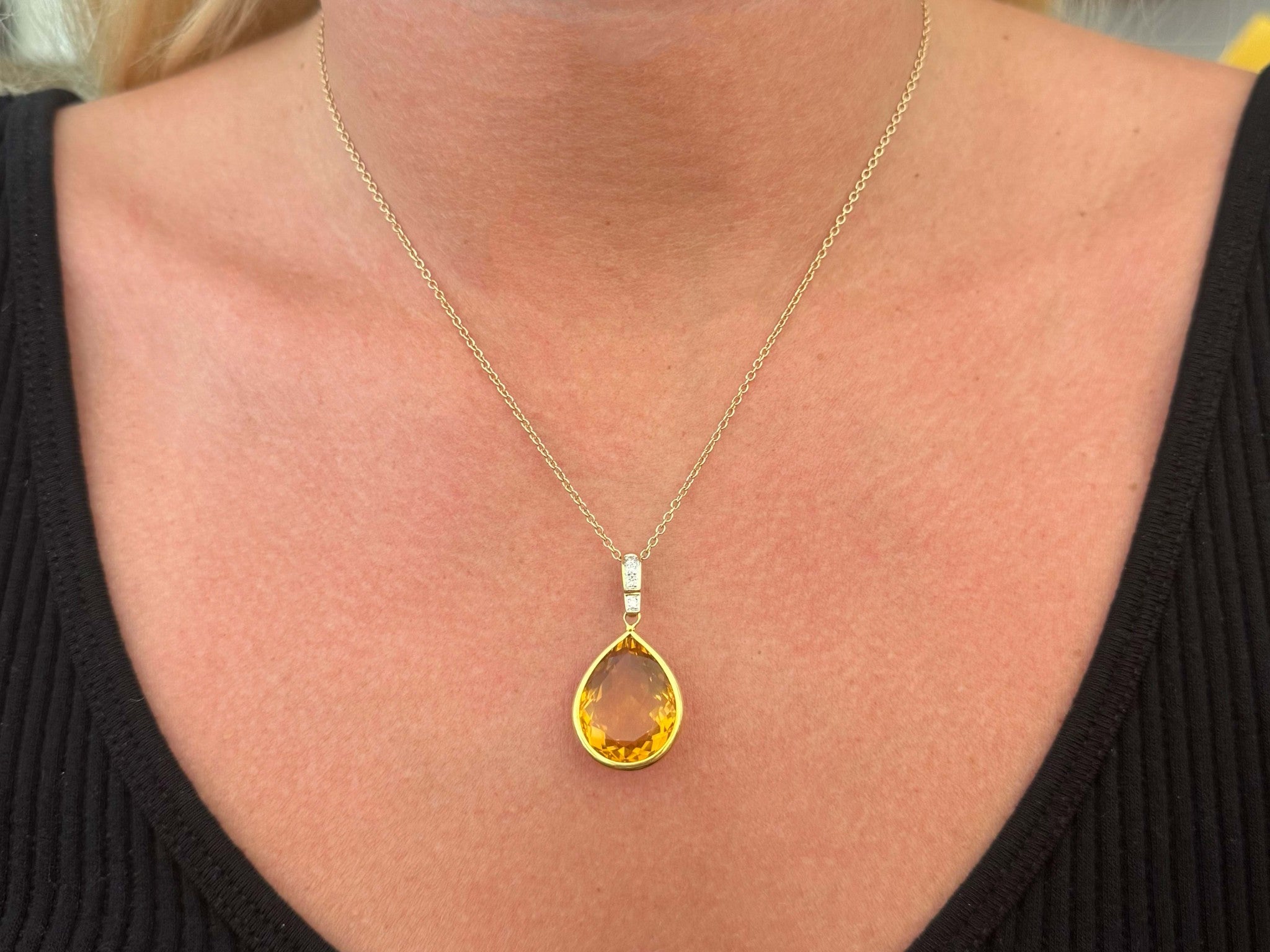 Large Pear Shaped Citrine Gemstone and Diamond Bail Necklace 14k Yellow Gold