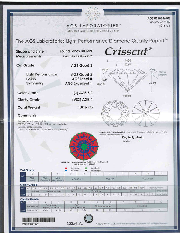 1.91 carat Round Crisscut diamond, J,VS2. AGS certificate