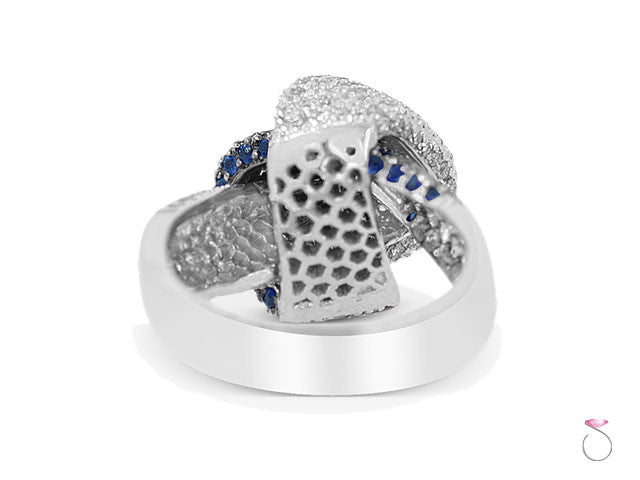 Blue Sapphire Diamond Pave Knot Ring in 18K white gold
