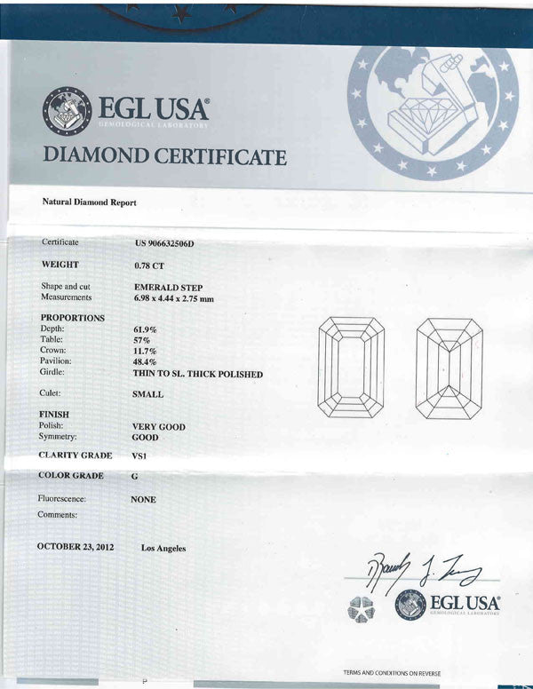 Emerald Cut Diamond EGL USA Certified 0.78ct G-VS1