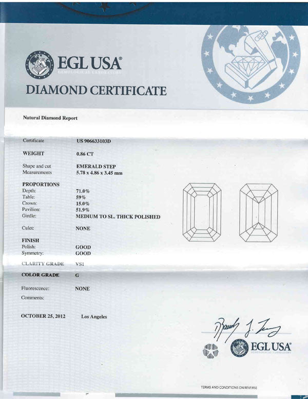 EGL certification for Emerald Cut Diamond