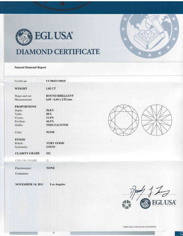 1.02ct G-SI2 Round Loose Diamond EGL USA Certification